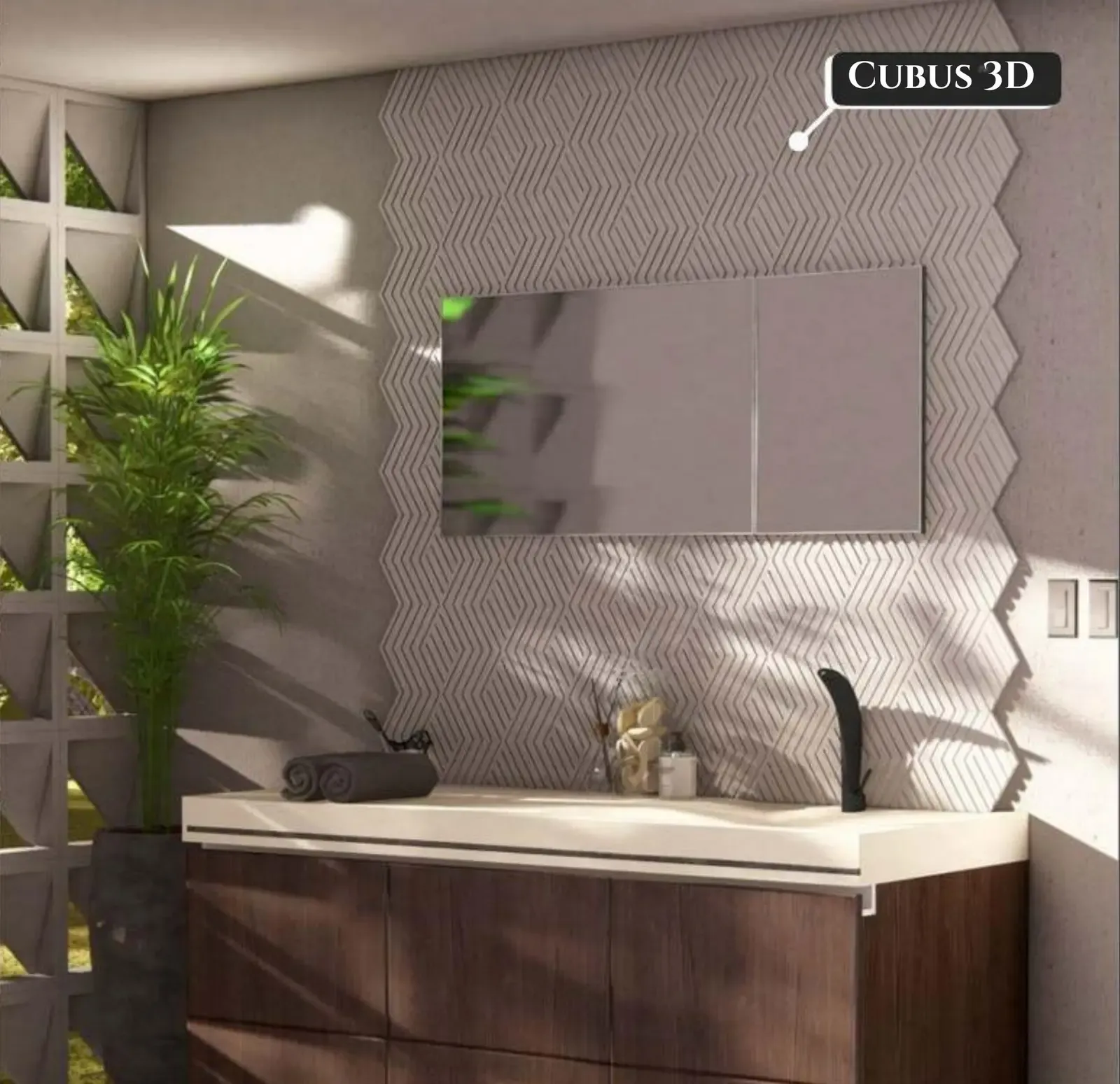 Cubus 3D used on a bathroom vanity wall — cladding supplied in Miami, FL