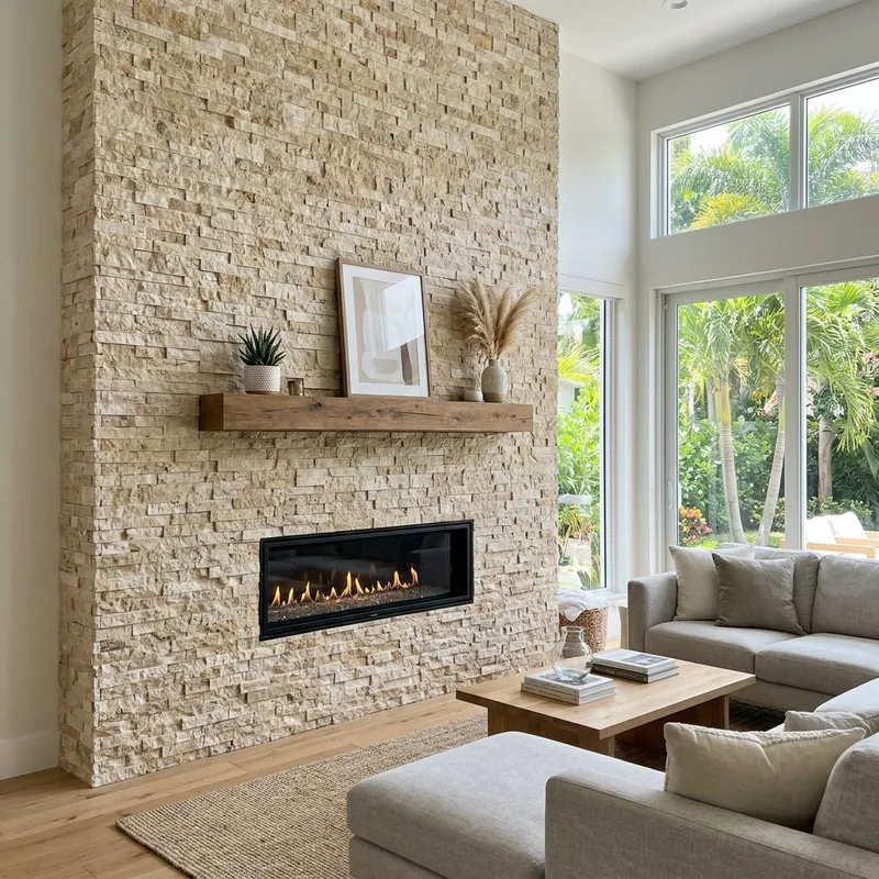 Stone veneer fireplace installation process in Miami