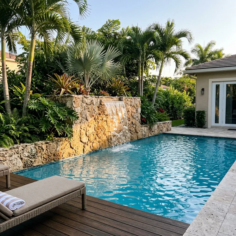 Stone veneer pool waterfall detail in Miami