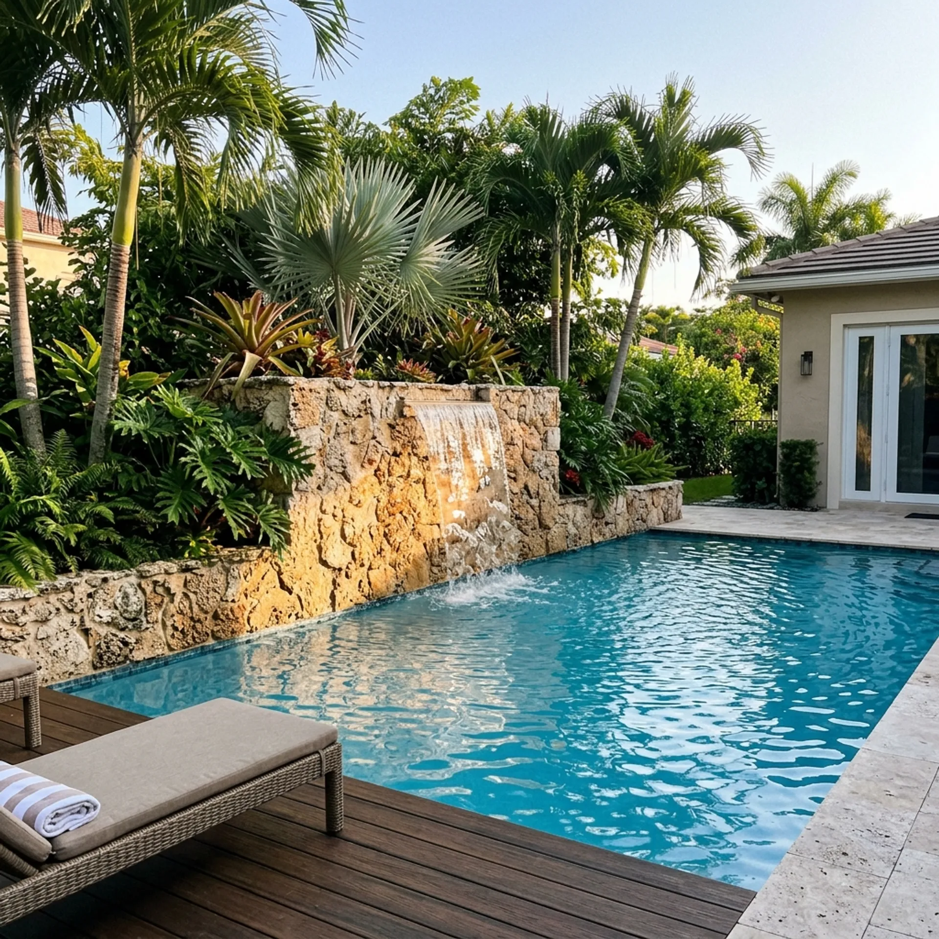 Stone veneer pool feature wall in Miami